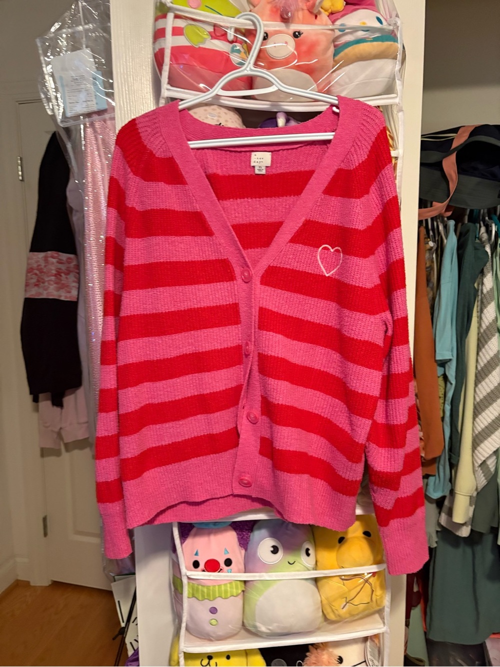a new day Pink and Red Striped V-Neck Cardigan with Heart